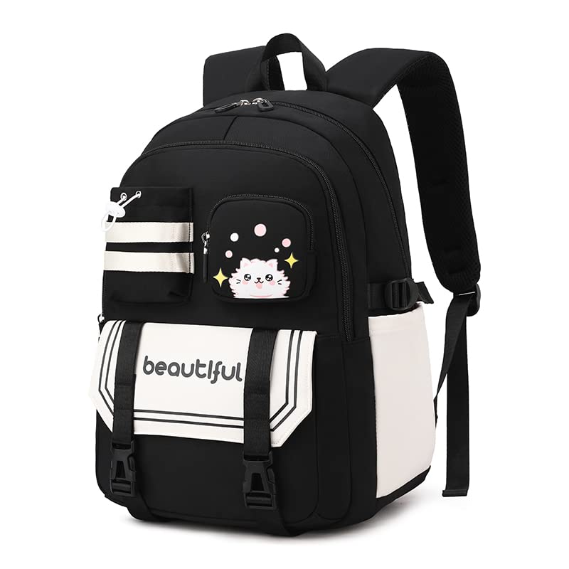 Mochila para Mulheres e Estudantes, Resistente à Água com Estampa de Gato Fofa, Cabe Notebook de 15,6 Polegadas, da Série Jovem e Alegre (Preto)
