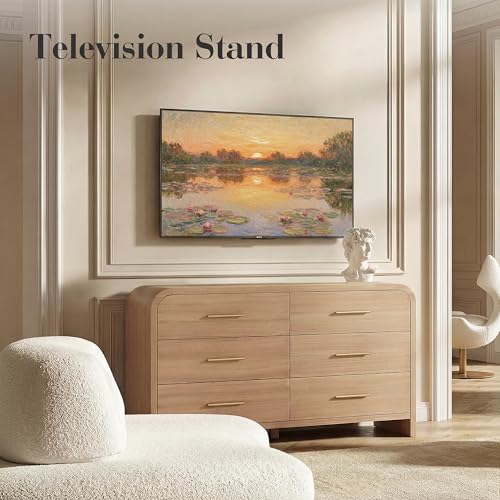 Image of Curved 6-Drawer Dresser for Bedroom, 54 inch Wide Modern Chest of Drawers, Vanity Desk TV Stand for Living Room, Closet Storage Drawers Organizer Furniture, Nursery, Hallway, Gray Oak