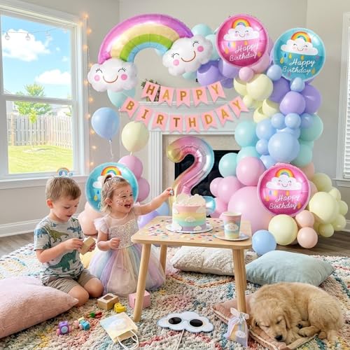 Image of 2nd Birthday Decoration Kit with Rainbow Foil Balloon, Number 2 Foil Balloon, Two Year Bday Party Foil Balloons and Pastel Latex Balloons for Party Decoration Set of 59 Pcs