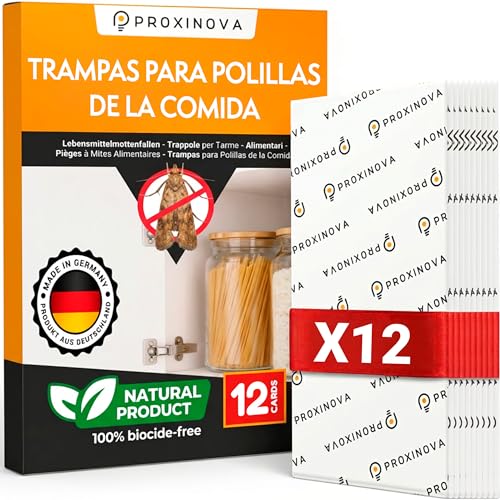 Proxinova Trampas polillas Alimentos - Atrapa Polillas y Feromonas Insectos Alimentos para Vigilancia Cocina Discreta sin Tóxicos hasta 3 Meses - Biocide Free - 12 Cards - Made in Germany
