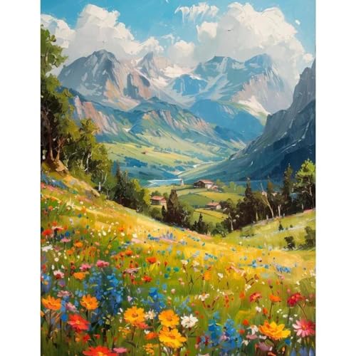 Cuadro de lienzo de flores para salones alegres con paisajes de montaña primaveral de 40x60cm
