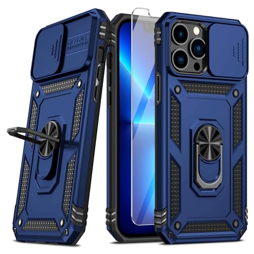 Vinve for iPhone 12 Pro Max Case, Slide Lens Cover, HD Screen Protector, Military Grade Drop Protection, 360 Spin Ring Holder Kickstand Protective Phone Case (Navy Blue)