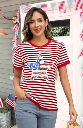 Image of Ithalt Women 4th of July Shirt Fourth of July Shirts USA Sequin Tshirt American Patriotic T-Shirt Stripes Tee Tops