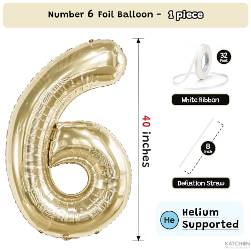 Image of KatchOn, Number 6 Balloon, 40 Inch Champagne Gold Foil Number Balloon