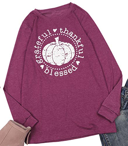 VILOVE Grateful Thankful Blessed Thanksgiving Shirt for Women Pumpkin Graphic Top Long Sleeve Letter Print Casual T-Shirt (Medium, Red)