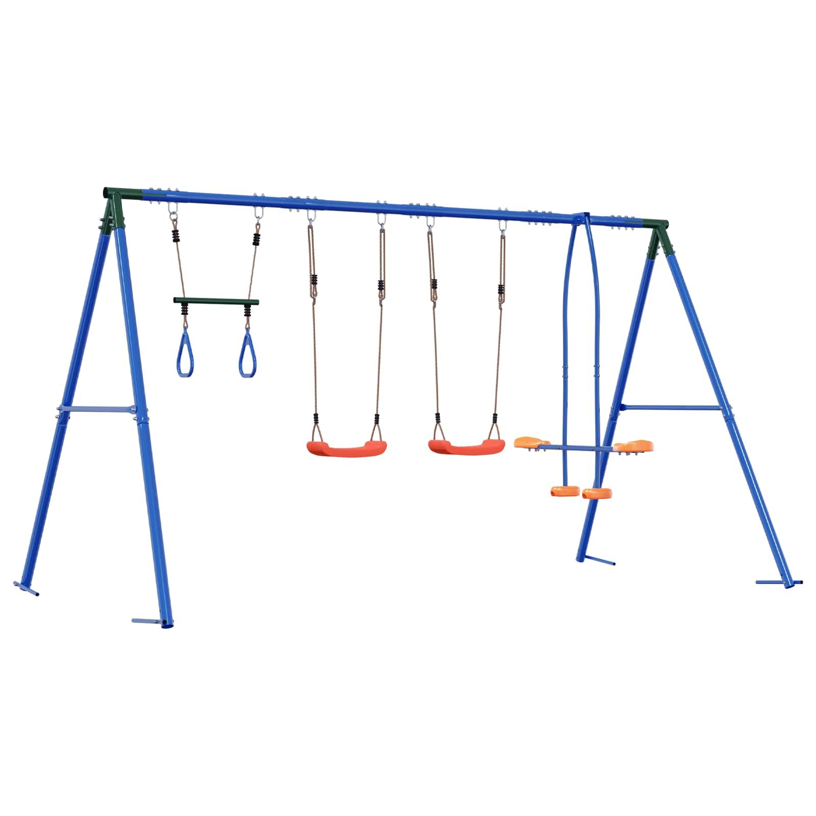 Mehrfarbiges Outdoor Schaukelset aus Stahl und PE 330 x 185 x 185 cm für Garten Hof Terrasse Spielplatz draußen schwingen klettern rutschen balancieren Kinder 3 bis 10 Jahre