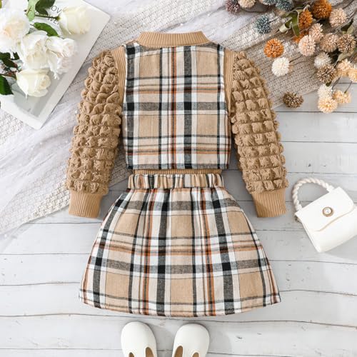 Image of Toddler Girls Christmas Outfits Girls Puff Sleeve Knit Ribbed Tops Button Down Vest Plaid Skirt Set Winter Clothes