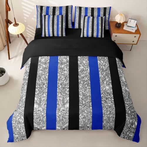Loussiesd Juego de funda de edredón azul marino con sábanas, 7 piezas, tamaño Super King, juego de ropa de cama con purpurina para niños y niñas, decoración geométrica de habitación, arte moderno a