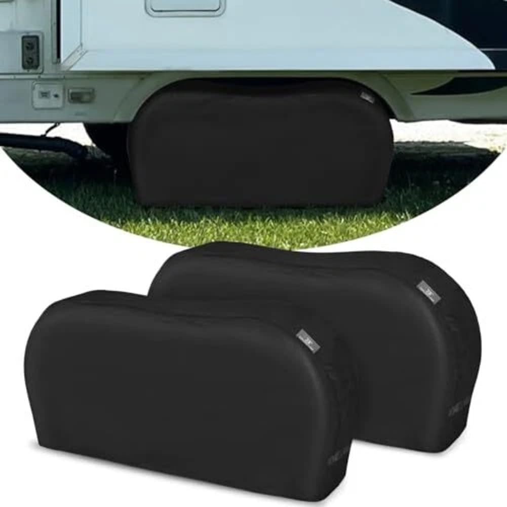 FUBESK Fundas de neumáticos de doble eje resistentes, paquete de 2, protectores de rueda de tela Oxford con resistencia a los rayos UV para camión, remolque, SUV, diseño resistente al viento con