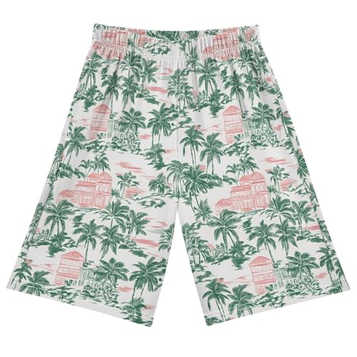 Castle Palm Trees Sleep Shorts Summer Pajama Shorts Elastic Waist Sleep Bottoms with Pockets 6-14 Years