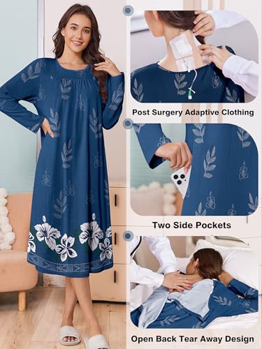 Deyeek Hospital Gowns for Women Tear Away Snap Open Back Dress Long Sleeve Post Surgery Adaptive Nightgown with Pockets3