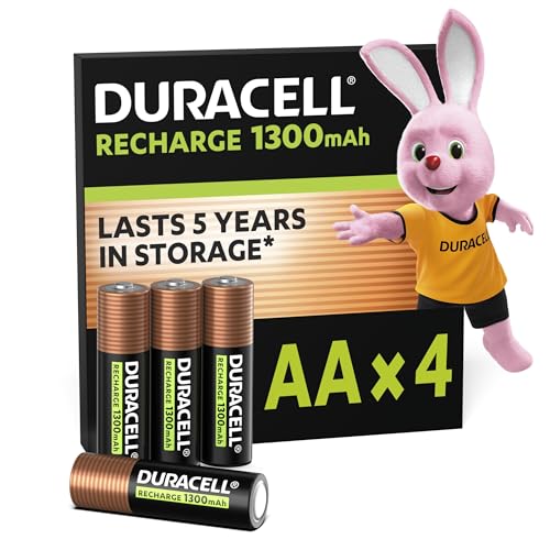 Duracell Rechargeables Piles AA (lot de 4), 1300 mAh NiMH, 2000 recharges, pré-chargées, Puissance longue durée, un packaging recyclable 0% plastique