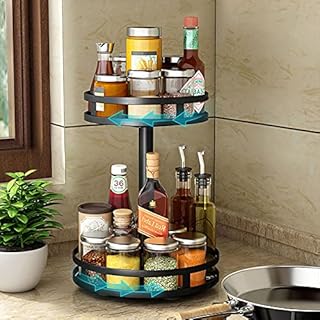 YunNasi Lazy Susan Cupboard Organiser Metal Black Spice Racks Free Standing Lazy Susan Turntable Rotating (Round, 2 Tier)