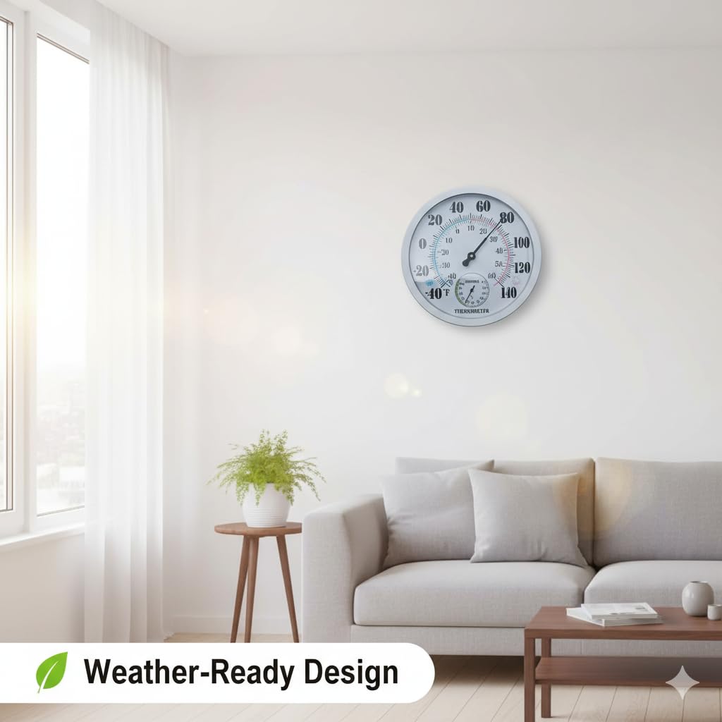 Outdoor Thermometer Hygrometer, 10 Inch Round Large White Gauge with Easy to Read Face, Waterproof Wall Mount for Patio, Garden, Garage, Home Outside Temperature and Humidity Monitor — Amazon image 3