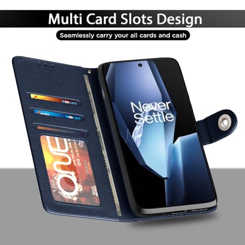 Image of Pikkme Flip Cover Leather Finish | Inside TPU with Card Pockets | Wallet Stand and Shock Proof | Complete Protection Button Flip Case for OnePlus 13R 5G(Blue)