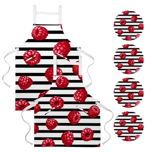 Lot de 2 tabliers de cuisine avec 4 broches à motif framboises