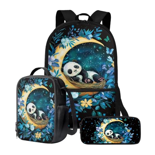 Set di 3 zaini per la scuola per bambini e ragazzi con portapranzo e astuccio set da 3 pezzi Grazioso panda Zaino per