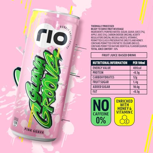 Image of Rio Pink Guava Fruit Drink Can | Soft Drink | Exotic Fruit Juice + Fizz | Rich In Vitamin C and Honey | Pack of 24 | 250 ml