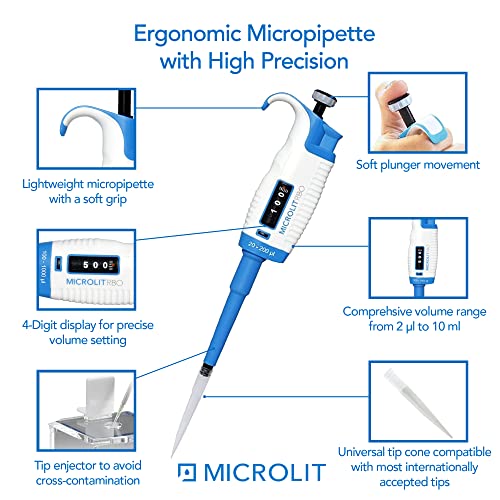 MICROLIT Single-Channel Pipettes with Adjustable Volume, Accurate and Calibrated Ergonomic Design Adjustable Micropipette for 20-200ul Liquid Capacity, Compatible with 200ul Pipette Tips
