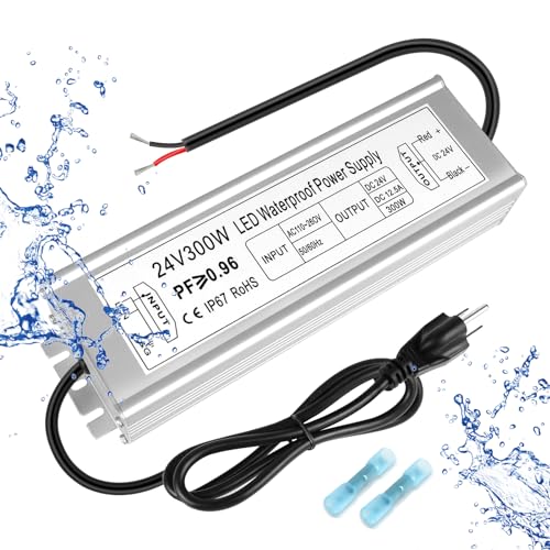 Image of LED Driver 300W 24V Power Supply, IP67 Waterproof Low Voltage Transformer, AC 110-260V to DC 24V 12.5A Converter with 3-Prong Plug 3.3 Feet Cable for Outdoor LED Lights, Industrial, Computer