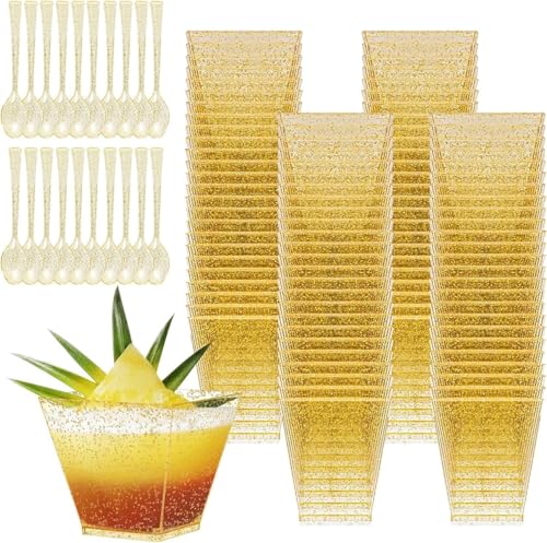 Tasses à Dessert, 50Pcs 60ml/2oz Gold Coupes Gobelets Mini Tasses à Dessert Gobelets Verrines à Dessert Réutilisables pour Mousse,Tiramisu,Anniversaire, Or