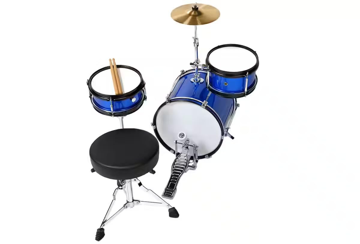 WOODBRASS DSJ90B - Batería infantil completa de 3 años, mini kit de batería acústica junior con asiento, pedal, platillo, 8 pulgadas, Tom y caja clara, batería infantil principiante, color azul