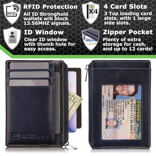 Image of ID Stronghold RFID Blocking Front Pocket Wallet - Slim Minimalist Genuine Leather Wallet with Zipper Coin Pocket (Blue)