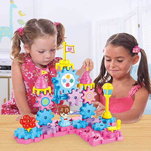 SNAEN DIY Rotating Gears Building Toy Set, Girls STEM Educational Interlocking Learning Blocks, Hand–Operated Spinning Gears Construction Play Set with Doll for Todllers Boys and Girls