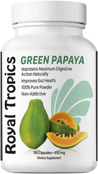 Royal Tropics Digestive Enzyme Powder - Improves Digestion Made from 100% Pure Green Papaya Enzyme - Natural Breakdown of Lipids & Proteins for Faster Absorption 150 Capsules