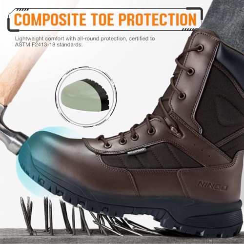 Image of NINGO Composite Toe Boots for Men, Waterproof Work Boots with Side Zipper, Non Slip and Puncture Proof Protection, Lightweight Design, 8'' Leather Safety Shoes for Construction, Industrial, Outdoor