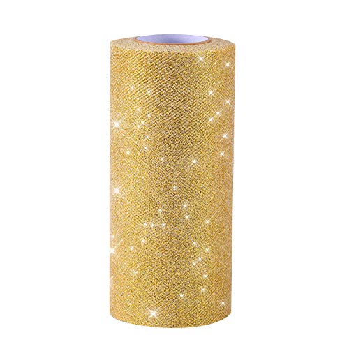 Senkary Glitter Tulle Roll Sparkling Tulle Ribbon Fabric Tulle Spool For Wedding Decoration Gift Wrapping, 6 Inch By 25 Yards (Gold) #TOP12