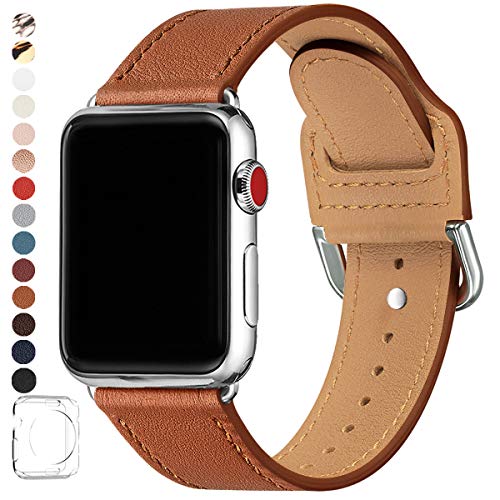 POWER PRIMACY Bands Compatible with Apple Watch Band 38mm 40mm 42mm 44mm, Top Grain Leather Smart Watch Strap Compatible for Men Women iWatch Series 6 5 4 3 2 1,SE(Brown/Silver, 38mm/40mm)