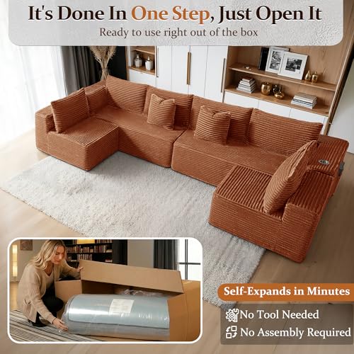 Image of 138 inch Cloud Sectional Couch, Comfort U Shaped Sofa for Living Room, Extra Deep Seats No Assembly, Minimalist Modular Couch, Corduroy (Deep Orange, 6 Seats,U-Shape B)