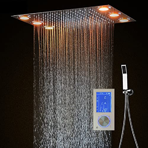 Sistema de ducha LED cuadrado de 14" x 20" con pantalla táctil LCD y montaje en techo en acero inoxidable pulido