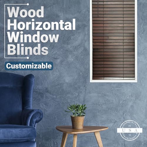 TailorView Customizable Wood Horizontal Cordless Window Blinds - 2 Inch Slats - Walnut (Medium-Dark Brown,) Outside or Inside Mount.
