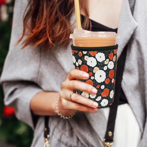 Image of Reusable Insulated Neoprene Iced Coffee Cup Sleeve, Durable Drink Sleeve for Cold Beverages, Beverage Holder for Iced Coffee, Midnight Blooms