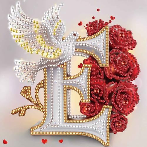 Image of AiYuanzsh 5D Diamond Art Kits for Adults Letter E, Exquisite Floral Rose & Dove Special Shape Diamond Painting, DIY Alphabet Diamond Art for Home Wall Decor 17x17cm