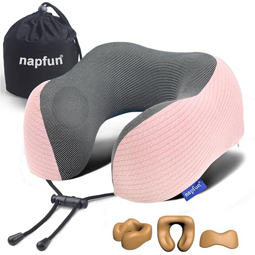 Image of napfun Neck Pillow for Traveling, Upgraded Travel Neck Pillow for Airplane 100% Pure Memory Foam Travel Pillow for Flight Headrest Sleep, Portable Plane Accessories, Pink