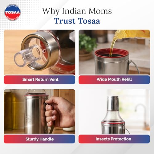 Image of Tosaa Stainless steel Oil dispenser 1000ml | Oil dispenser bottle with drip of Nozzel | Oil can with Handle | Oil Pourer | Pack of 1