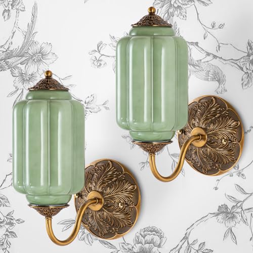 Culwunp Vintage Gold Milk Glass Wall Sconce, Wall Light Set of Two - Vintage Green Shade & Brass Finish Base, Indoor Hardwired Wall Lighting Fixture for Foyers, Bedroom, etc (Bulbs Included)- Green