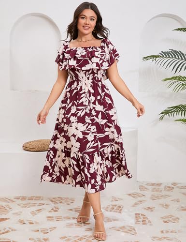 Image of KOJOOIN Women Plus Size Off Shoulder Maxi Dress Ruffle Flowy Casual Summer Boho Long Dresses