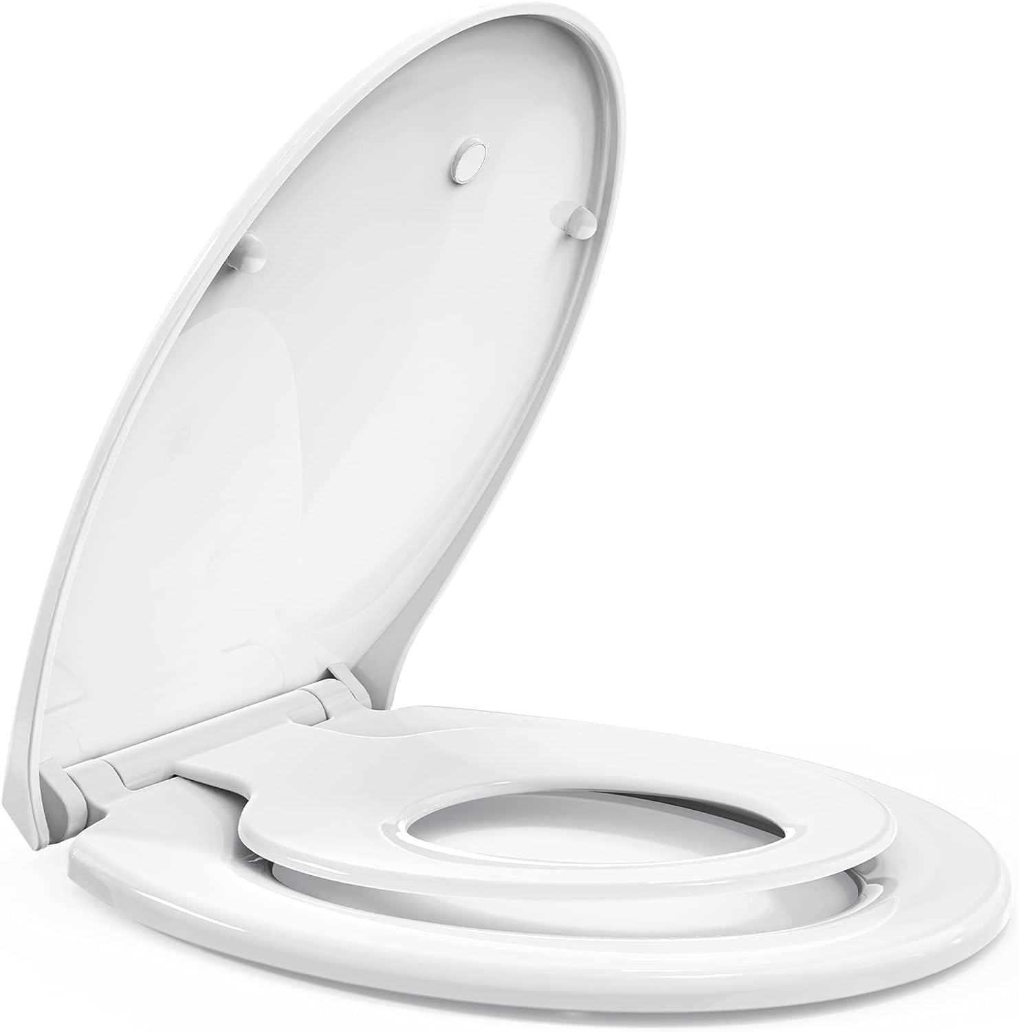 Soft Close Toilet Seat White with Quick Release Function, Simple Top Fixing Family Toilet Seats with Child Seat Built-in, Standard Toilet Seats with Adjustable Hinges, O Shape
