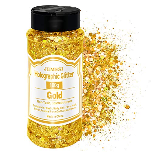 Holographic Chunky Glitter, Gold 100g Chunky Pailletten Glitter, Craft Glitter für Harz, Gesicht, Nagel, Körper, Slime…