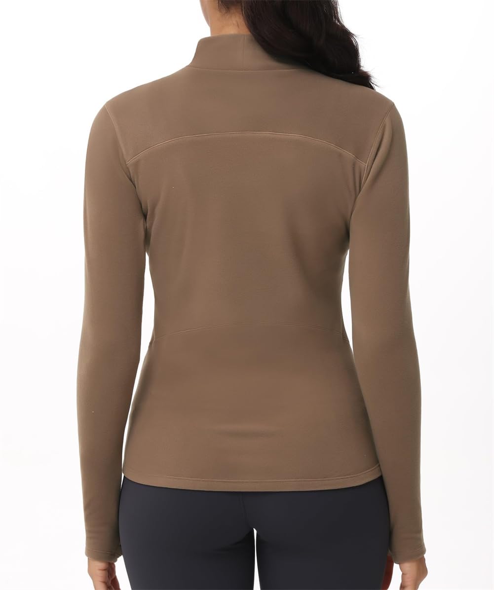Camicie termiche da donna a maniche lunghe con collo alto, in pile, a maniche lunghe, girocollo, Marrone, M
