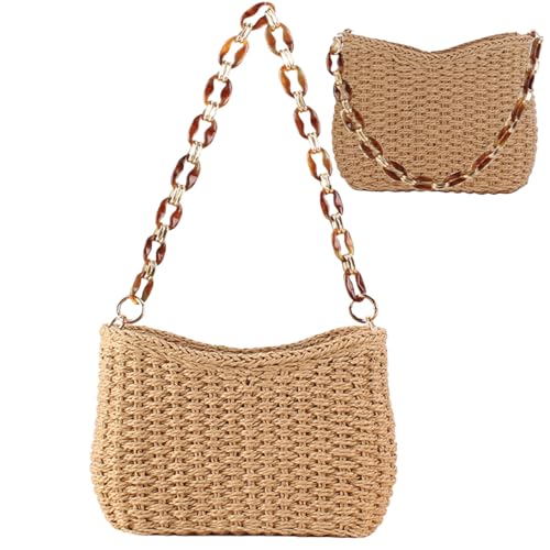 Small Handwoven Straw Sling Purse for Petite Women - Boho Beach Bag with Detachable Chic Chain Strap