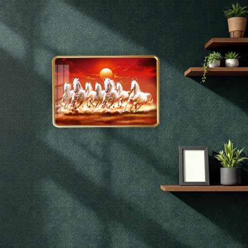 Image of 7 Running Horses Photo Frame, Ultra High Gloss Lamination, Vastu Painting for Living Room, Office, 12x18 Inch (Design 3)