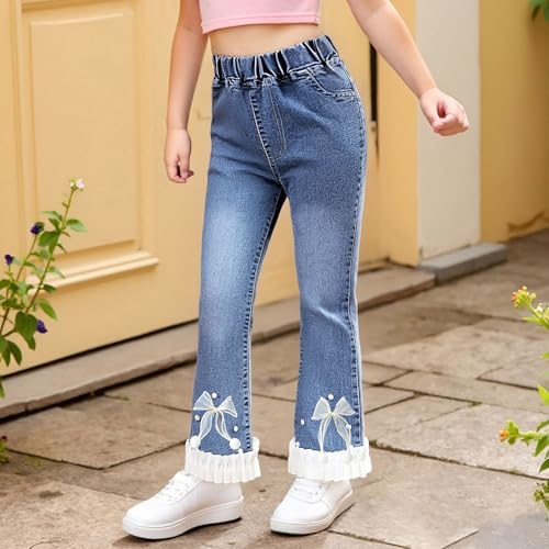 Trendy Girls Denim Pants Wide Leg Flare Jeans with Pearl Bow Embroidery and Comfortable Elastic Waist for Stylish3
