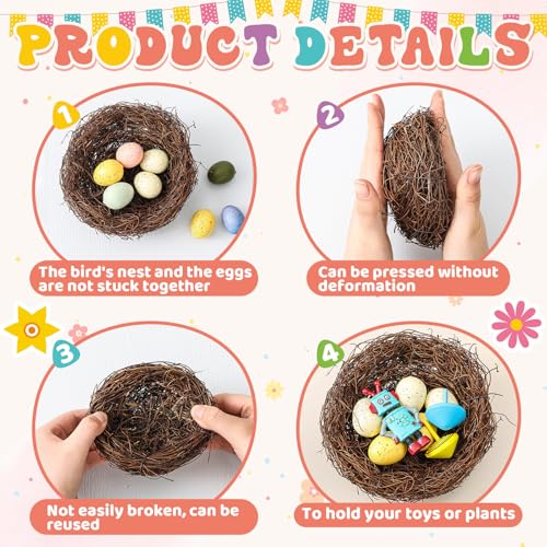 Image of Yookeer 6 Pcs Easter Bird Nest with 30 Pcs Eggs Spring Party Decoration Handmade Miniature 4 Inch Birds Nests Decorative for DIY Spring Displays and Easter Decorations(Pale Yellow,Light Green)