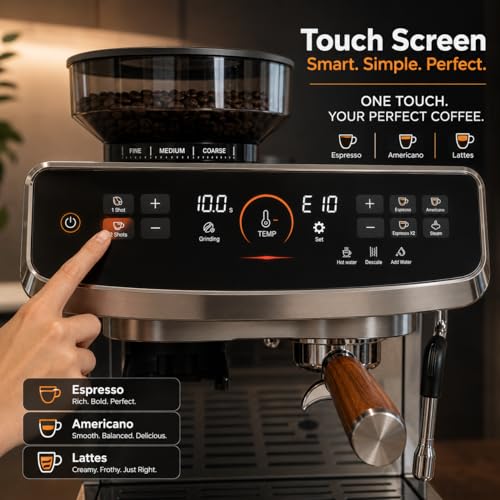 Image of Coffee Machine with Grinder for Home, 20 Bar Automatic Coffee Machine Bean to Cup, Barista Style Coffee Maker with Milk Frother Wand, Professional Espresso Maker for Office