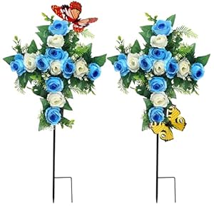 Artificial Cemetery Flowers,Set of 2 Faux Floral Cross,Artificial Rose Bouquet Decoration for Cemetery Headstones Gravesites,Silk Flowers for Long-Lasting Remembrance (Blue) Artificial Cemetery FlowersSet of 2 Faux Floral CrossArtificial Rose Bouquet Decoration for Cemetery Headstones GravesitesSilk Flowers for Long Lasting Remembrance Blue